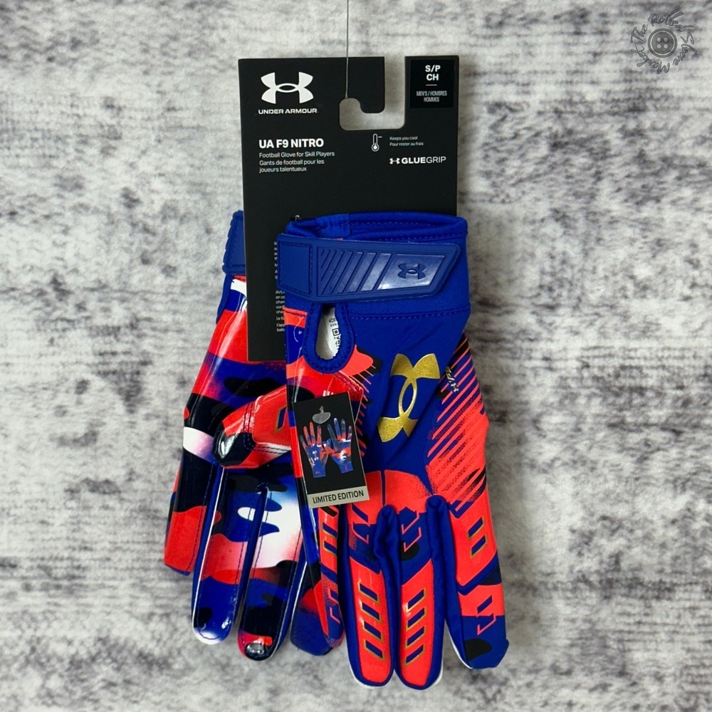NWT‎ Under Armour UA F9 Nitro Limited Edition Football Gloves Blue Red Mens S